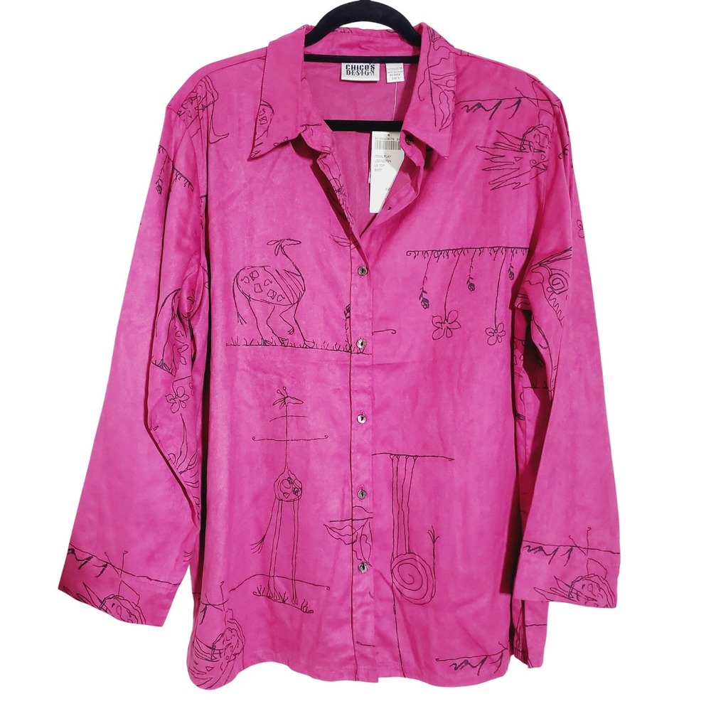 NWT Chico's 3 Top Women's XL Art To Wear Print Button Down Pink